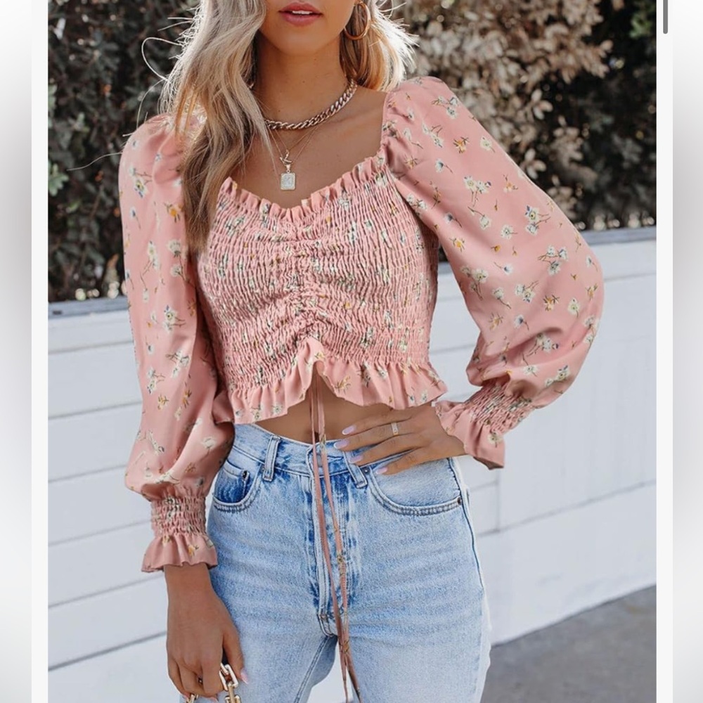 Floral Drawstring Ruched Puff Long Sleeve Ruffle Smocked Crop Top